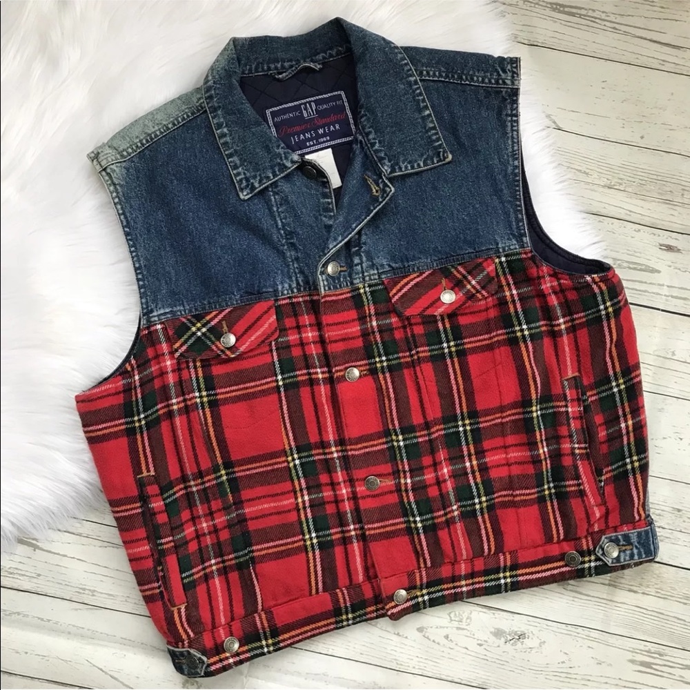Vintage GAP Vest Jean Plaid Red Fleece Button